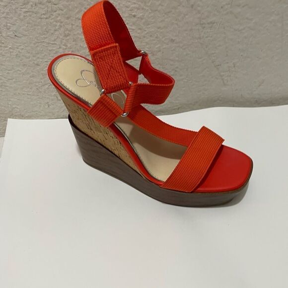 Jessica Simpson Orange wedges with ankle straps Half wood half cork wedge 7.5/38 - Picture 1 of 10